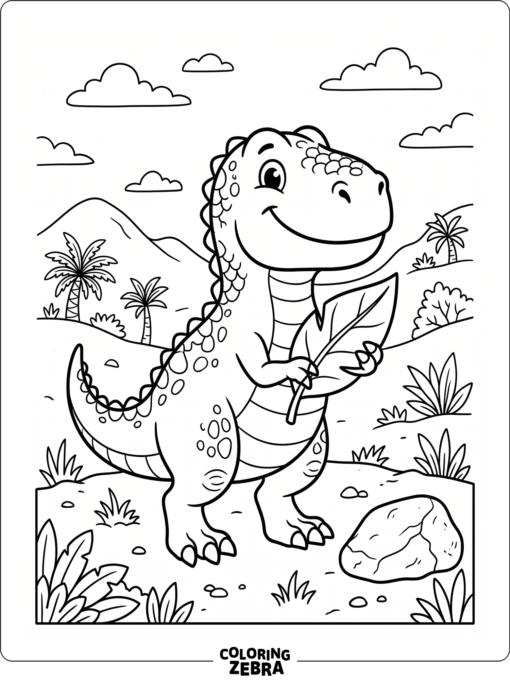 A friendly T rex holding a leaf near a rock