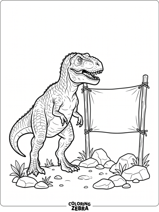 A T rex beside a blank banner and rocks