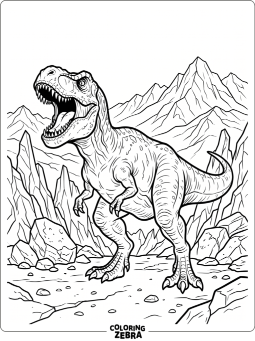 A T rex roaring with rocks and distant mountains