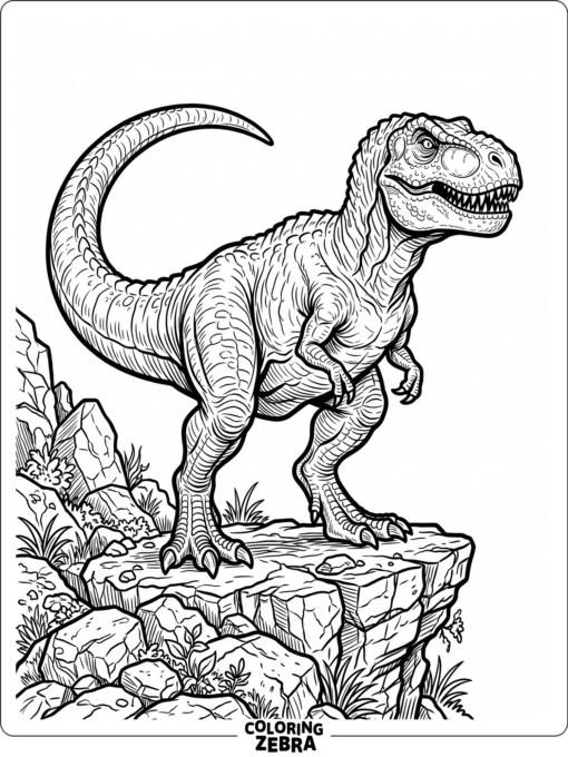 A tyrannosaurus rex standing on a rocky ledge