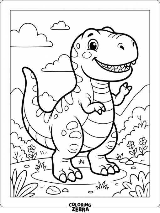 A smiling T rex with rounded shapes and tiny arms