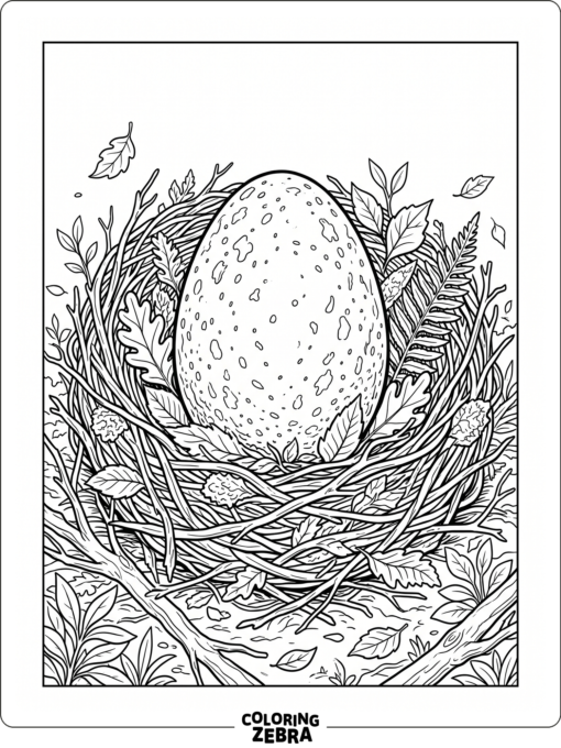 A dinosaur egg resting in a twig nest