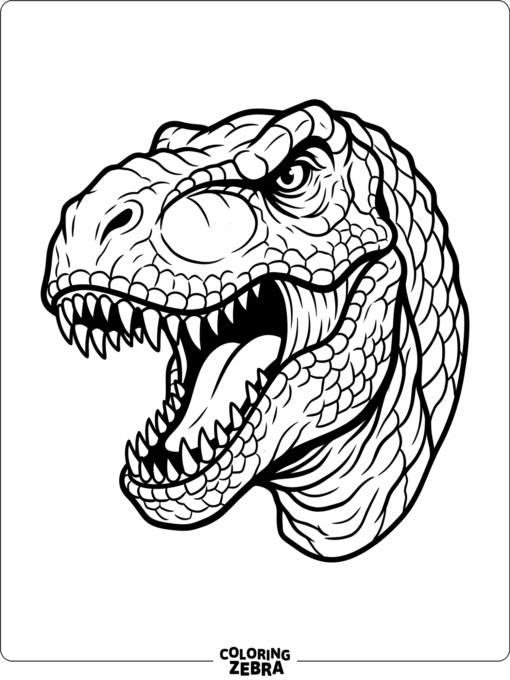 A T rex head with open jaws and strong brows