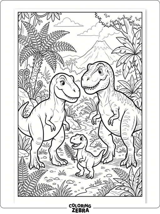 A T rex family with a baby near ferns