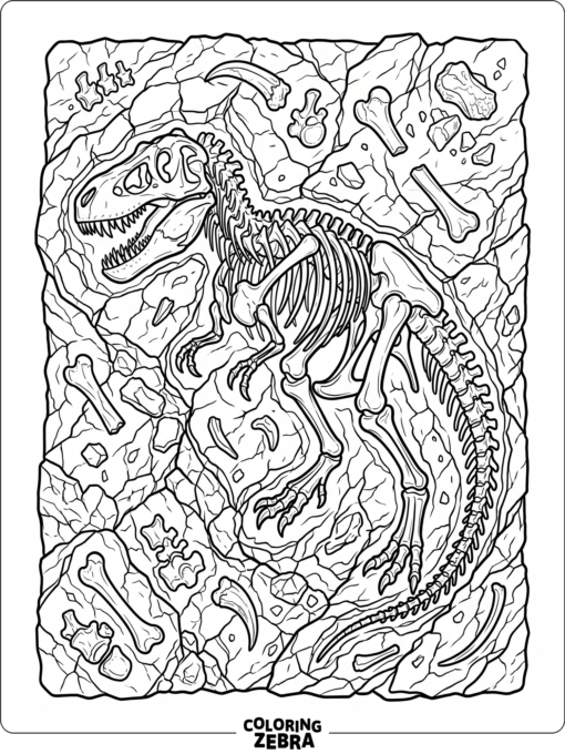 A T rex fossil skeleton in cracked stone