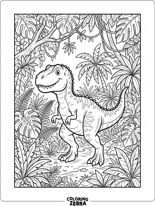 A T rex walking through jungle plants