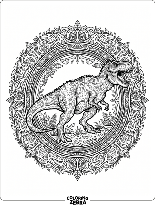 A T rex inside a circular mandala frame