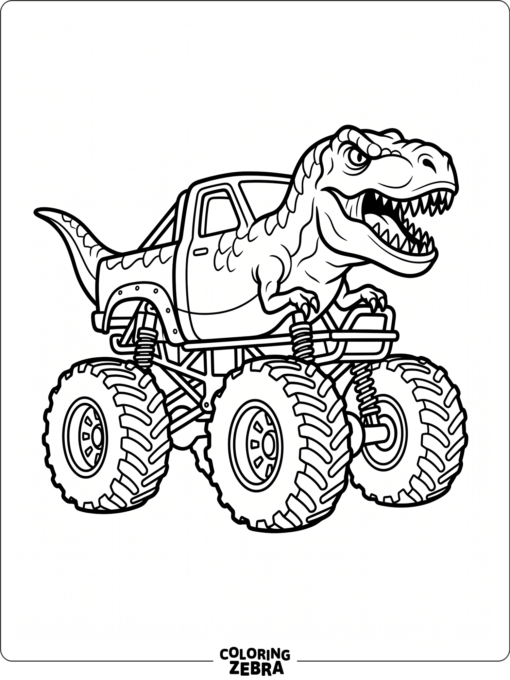 T rex monster truck with tiny arms and sharp teeth