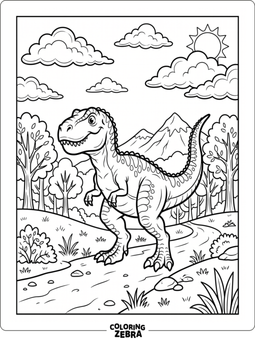 A T rex with trees and clouds in a simple scene