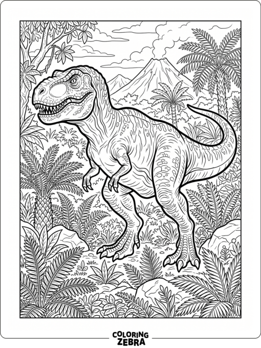 A T rex in a patch of ferns