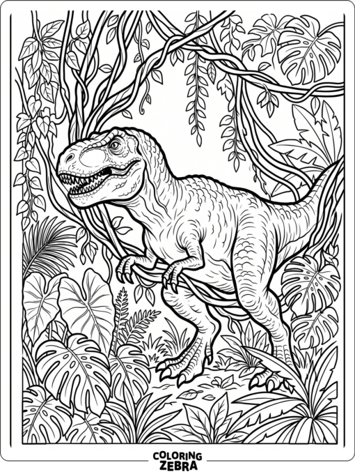 A T rex pushing through hanging jungle vines