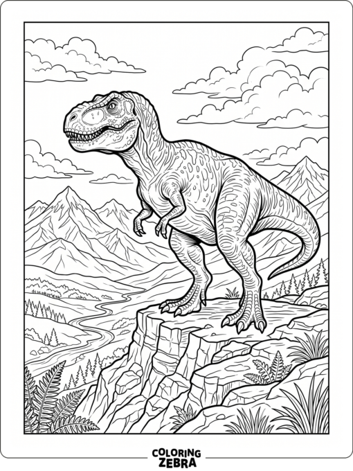 A T rex on a ridge with mountains behind it