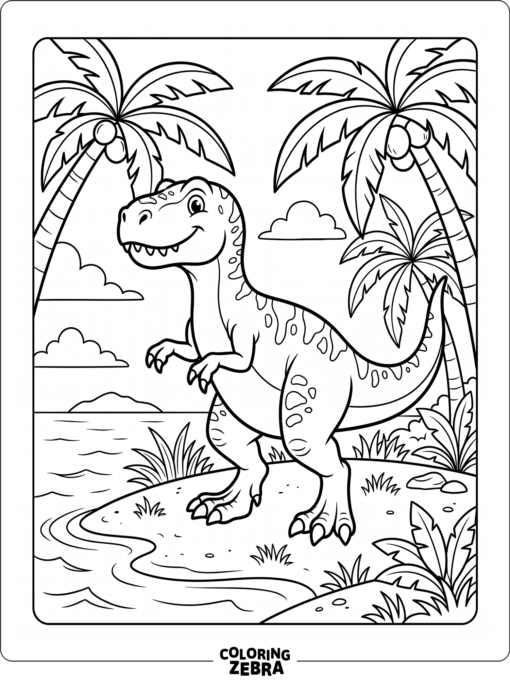 A T rex standing among palm trees