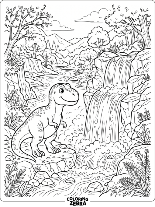 A T rex beside a waterfall and rocky stream