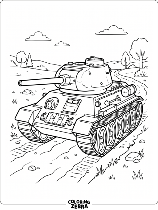 A T34 tank moving forward with broad tracks