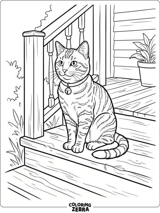 A tabby cat sitting on a porch step with a bell collar
