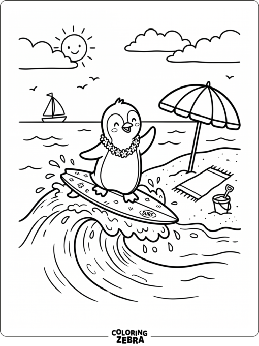 A penguin surfing near a beach umbrella