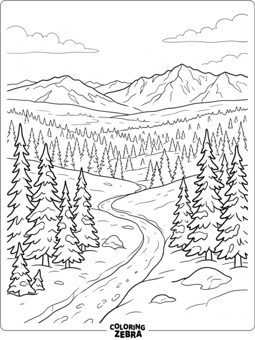 A taiga scene with spruce trees, snow, and a ridge