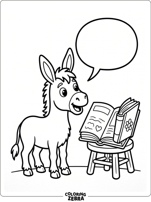 A donkey beside an open book with speech bubbles