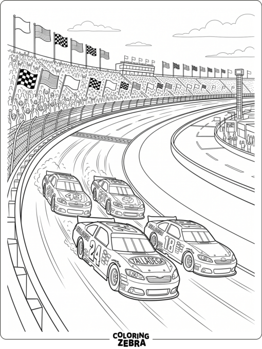 A race car speeds along Talladega with flags waving beside the track