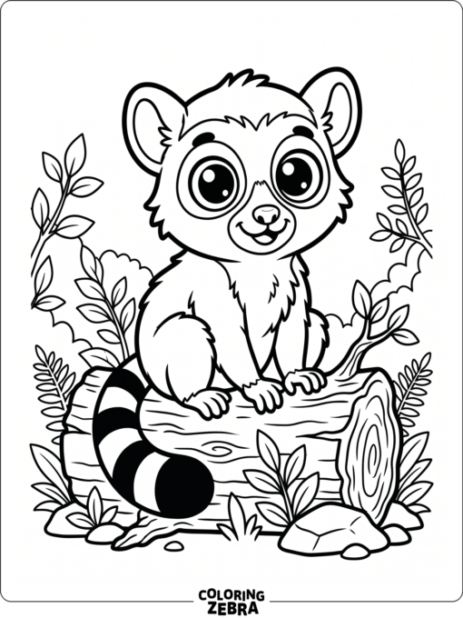 A cartoon lemur with big eyes sitting on a log