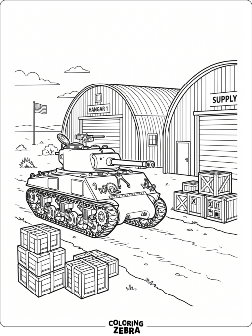 Tank at a military base with hangars and supply crates