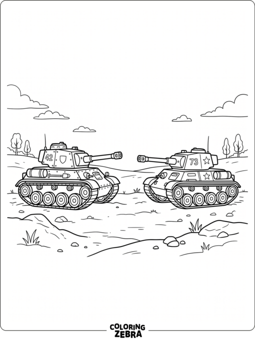 Two tanks facing off on a battlefield