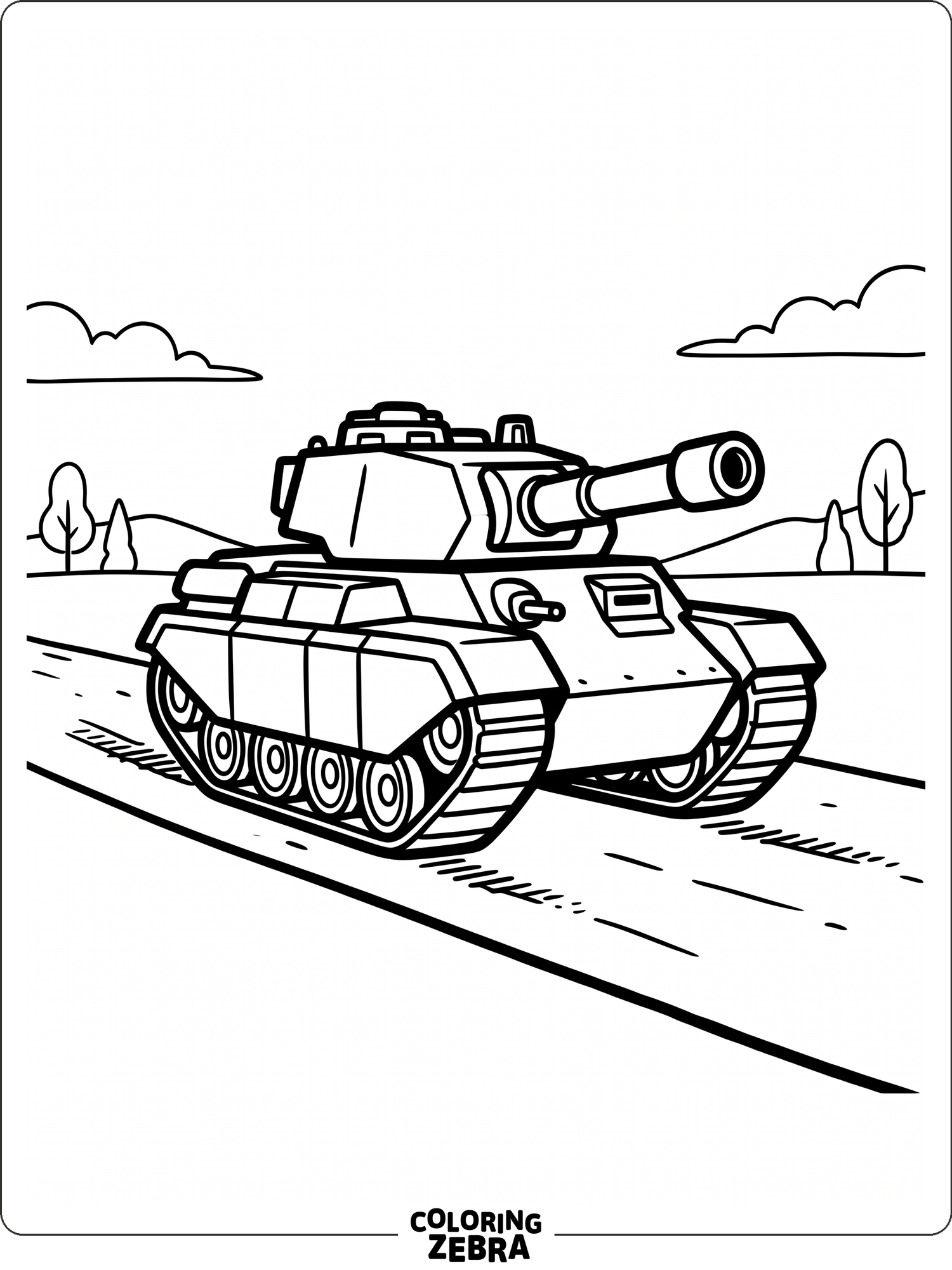 A simple military tank on a road with clean outlines