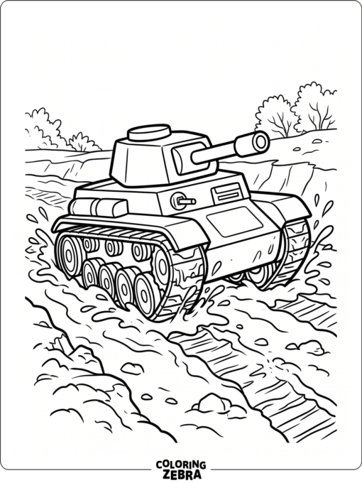 Tank driving through mud with splashes around the tracks