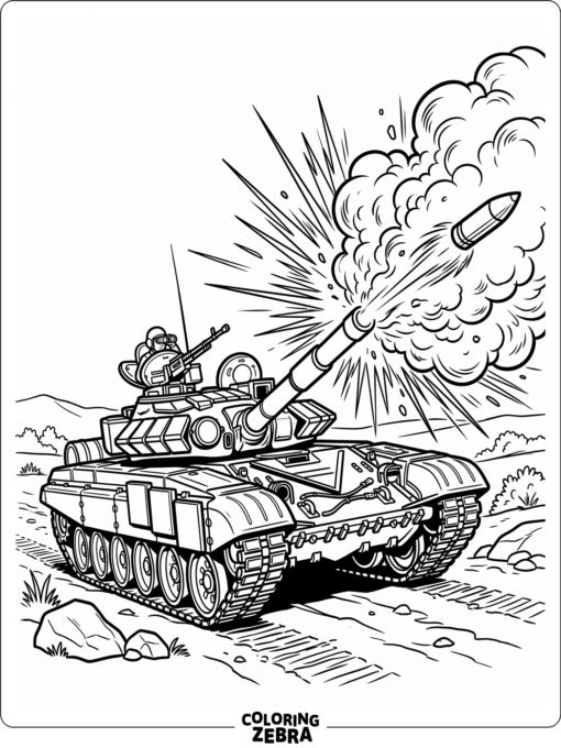 Tank firing its cannon with smoke and burst lines