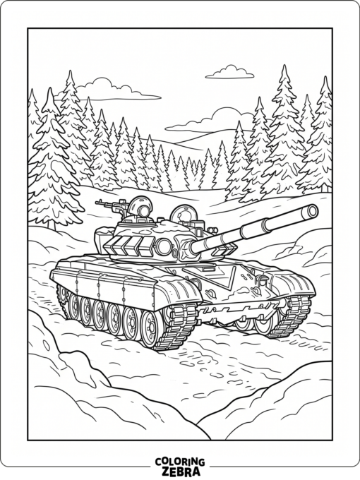Tank in snow with pine trees and soft drifts