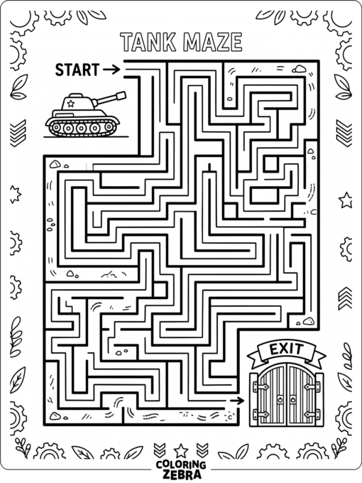 Tank maze with paths around the vehicle and an exit gate