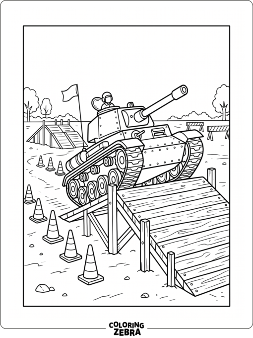 Tank obstacle course with ramps, cones, and barriers