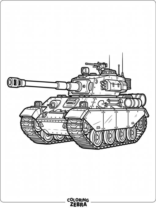 Side view of a tank with bold treads and a long barrel