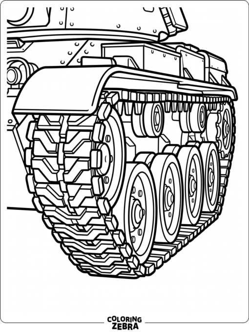 A close-up of tank tracks and wheels