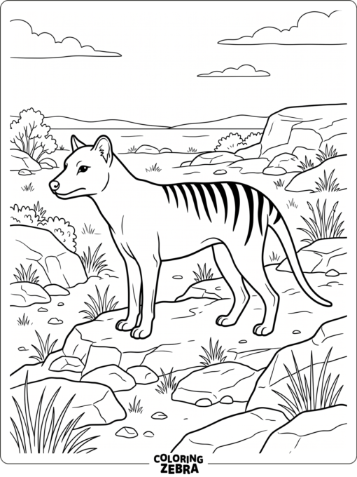 A Tasmanian tiger standing on a rocky plain