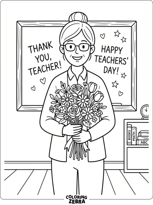A teacher holding flowers in front of a chalkboard