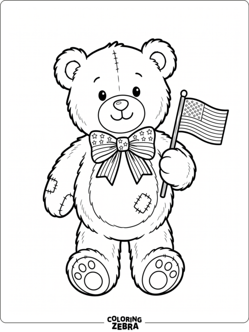 A teddy bear holding a tiny flag