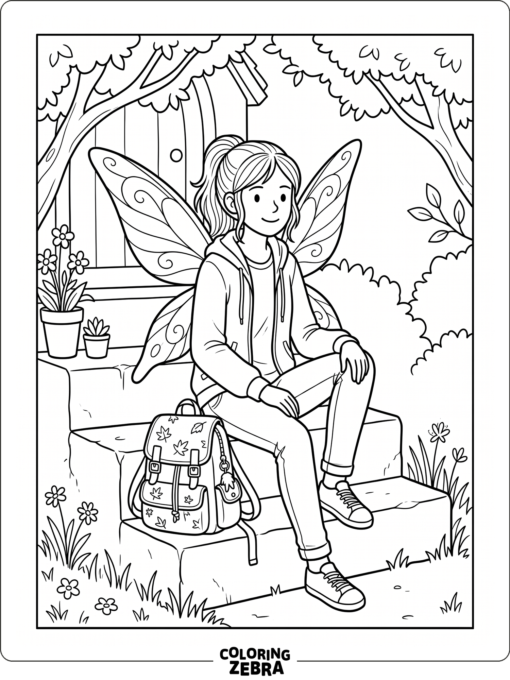 A teenage fairy sitting on steps with a backpack