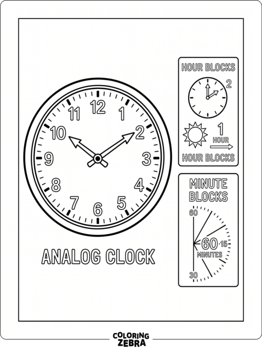Junto a unos sencillos bloques de tiempo para practicar hay una esfera de reloj