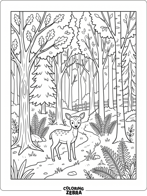 A temperate forest with mixed trees, ferns, and a deer