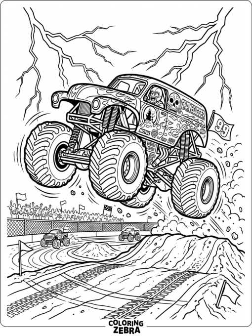 Monster truck racing fast with lightning streaks