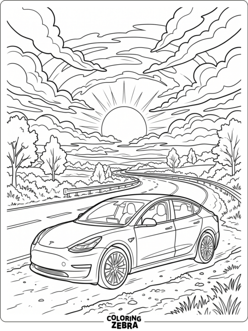 A Tesla parked under a sunset sky with clouds