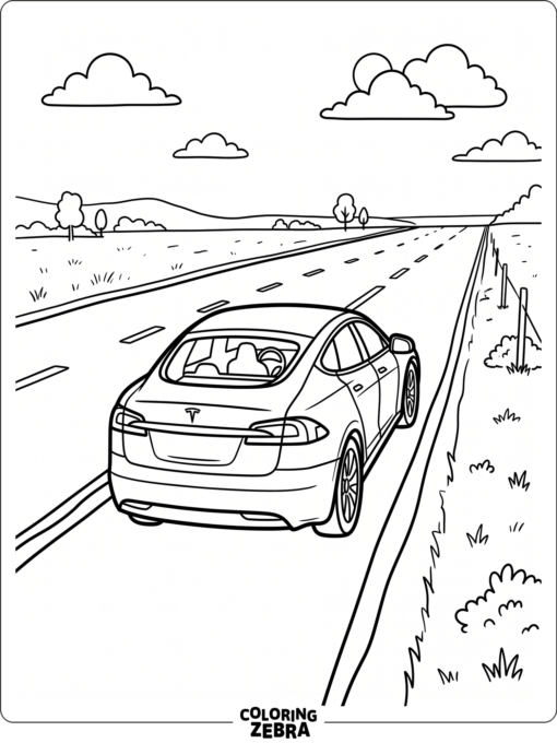 A Tesla on a straight road with lane markers
