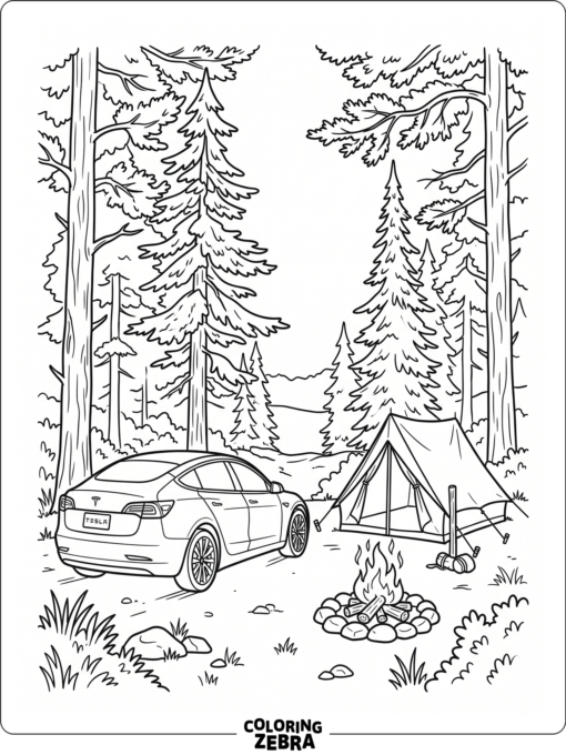 A Tesla parked at a campsite with a tent and fire