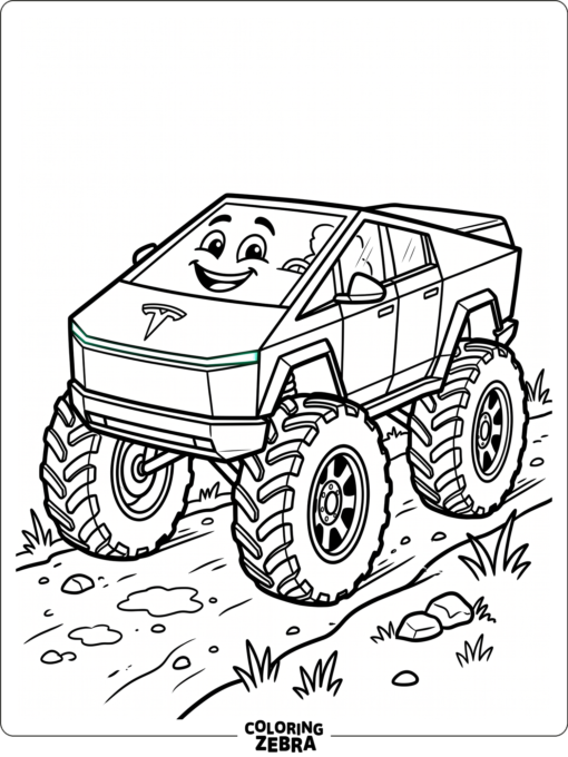 A cartoon Tesla with big wheels and a friendly face