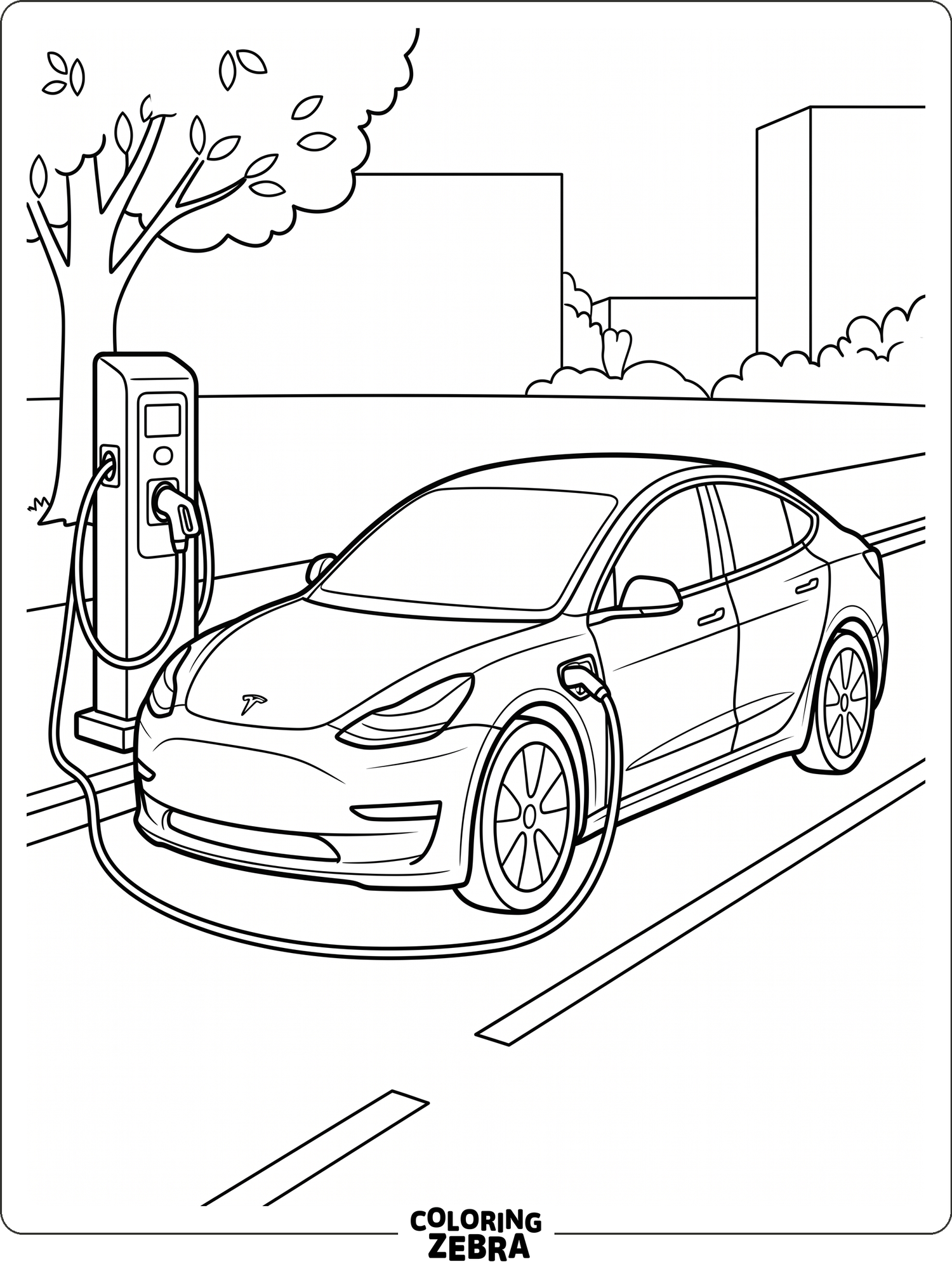 A clean electric car with a charging cable beside it