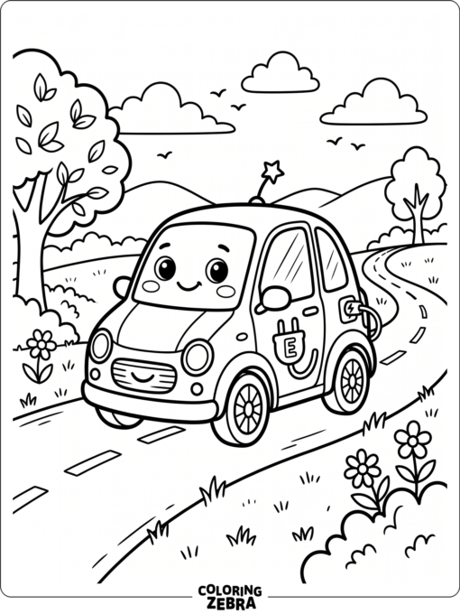 A friendly electric vehicle with a plug icon