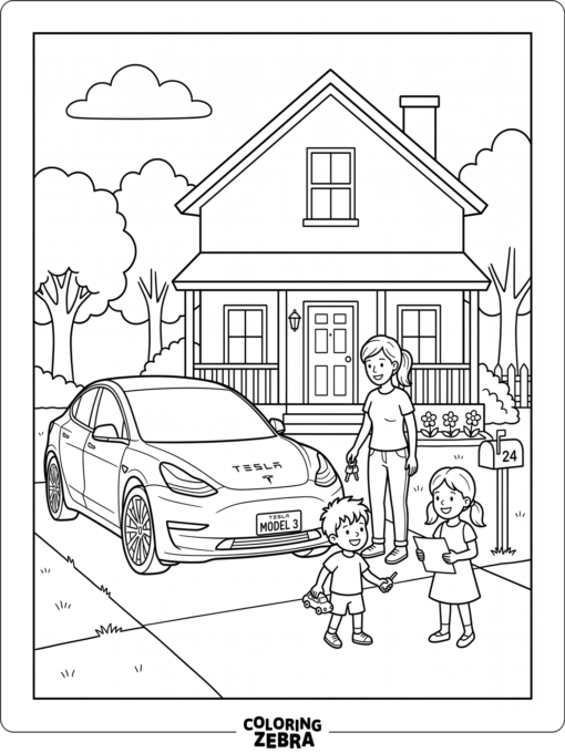 A family Tesla parked outside a home with two kids