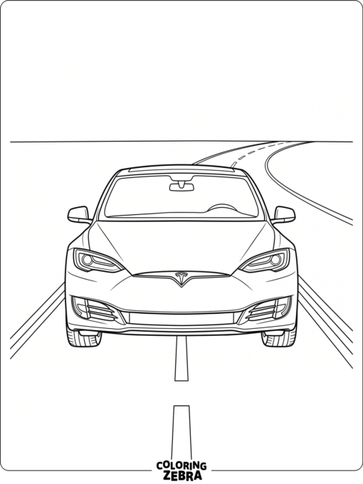 A front view of a Tesla with headlights on